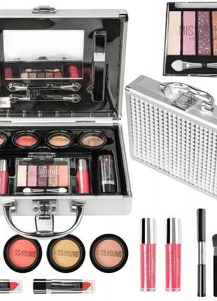 Набор декоративной косметики в алюминиевом кейсе с зеркалом makeup set mc1488 серебристый