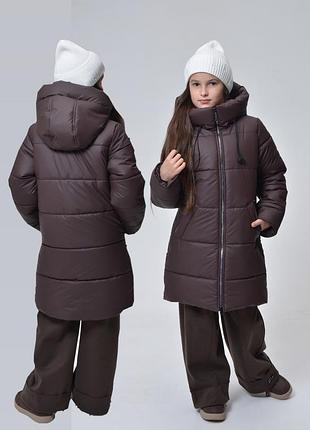 Шоколадна зимова куртка-пальто для дівчинки 128, 134, 140, 146 см