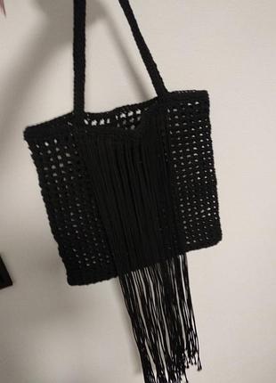 Сумка-шопер, ручная работа, вязаная крючком из вощеного хлопкового шнура, черная, средний размер