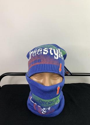 Зимняя шапка и баф на подростка двойная шапка