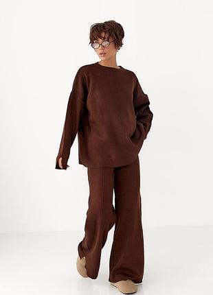 Вязаный костюм коричневый one size со свободной кофтой и широкими брюками - мягкий трикотаж, туреченица