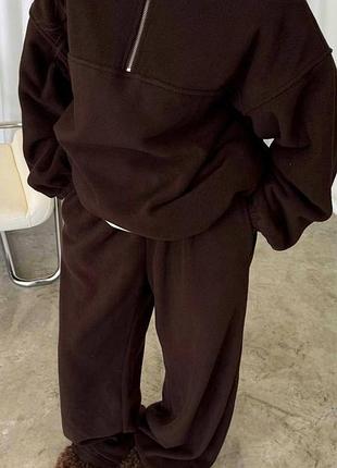 Теплый флисовый костюм с худи и брюками, супер мягкий и стильный - шоколад/графит/черный, размер sm/ml, мод 552 🖤