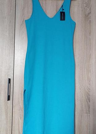 Стильное платье в рубчик голубой сарафан с разрезом по фигуре платье платья размер 48-50