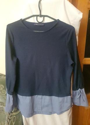 Блуза женская натуральная оригинальной модели синяя 68см длина,38см плечи, 59см полуобъем груди,очень креативний низ рукава,стильная,модная и красивая