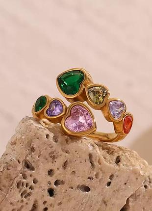 Кольцо цветные сердца камешков нержавеющая сталь stainless steel