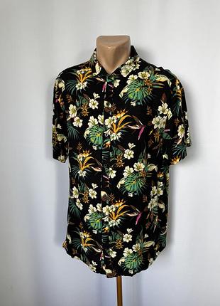Винтаж гавайская рубашка гавайка черная тропические цветы вискоза driver тенниска гавайская