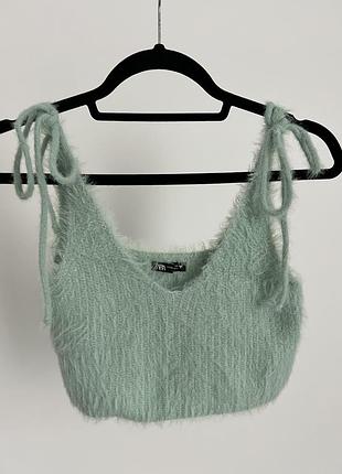 Мʼякий ментоловий фісташковий топ zara на завʼязках пухнастий