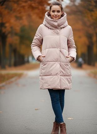 Пальто женское, стеганное на кнопках с капишоном, утепленное, цвет пудра, размер 40
