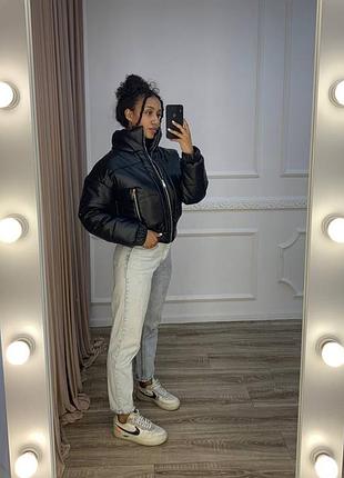 Накладной платеж ❤ до -15 ❄ зимняя кожаная дутая оверсайз укороченная куртка дутик пуффер с высоким теплым воротом