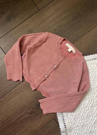 Рожева кофта кардиган болеро для дівчинки на ґудзиках 18-24 міс 92 см 2 роки з люрексом віскоза блискуча з ажурною вʼязкою ошатна святкова на сукню