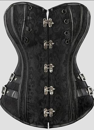 Елегантний вінтажний готичний корсет з металевими ланцюгами та шнурівкою - коричневий жаккардовий сінічер для жінок у стилі стімпанк, непрозорий.