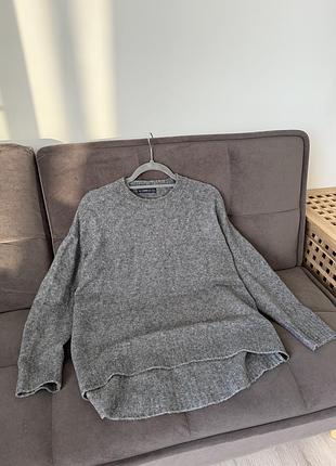 Сірий подовжений оверсайз светр з вмістом вовни zara