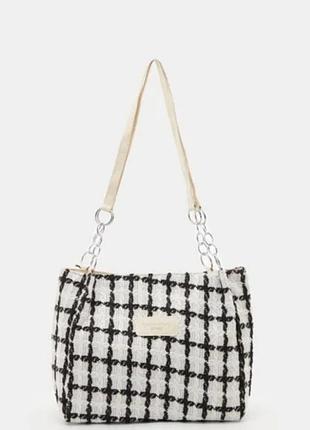 Твидовая белая-черная двухцветная сумка в клетку, простая повседневная открытая сумка через плечо на молнии для женщин, модная сумка-тоут