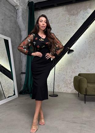 Сукня жіноча креп дайвінг + сітка з вишивкою / сукня жіноча міді романтична святкова