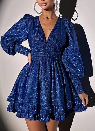 ❗ексклюзив❗праздничное сияющее блестящее платье бюстье с длинным рукавом фонариком с открытой спиной и пышной юбкой блестки