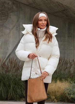 Пуховик на кулиске 2025 пух пуфер воротник на молнии теплый затяжка приталенный капюшон