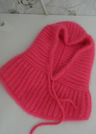 Тренд вязаный капор ангора насыщенного розового цвета тёплая шапка-капюшон цвета фуксия10 фото