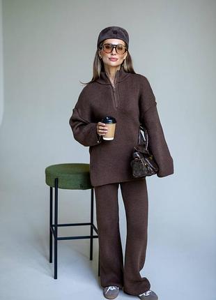 Luxe 50% бавовни повсякденний брючний костюм кофта комір поло штани светр на блискавці пряжа рубчик