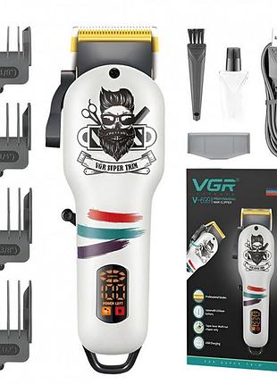Машинка для стрижки волосся та бороди професійна vgr v-699 з насадками та led дисплеєм. колір: білий