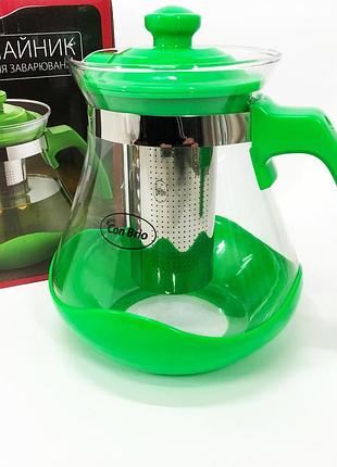 Чайник заварювальний con brio green cb-6215 1,5 л, чайник самовар скляний. колір: зелений