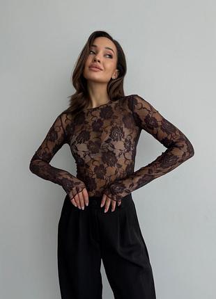 Женский прозрачный полупрозрачный гипюровый лонгслив кружево коричневый шоколад