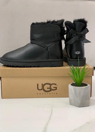 Зимние сапожки ugg с бантом черные кожаные (36-41)