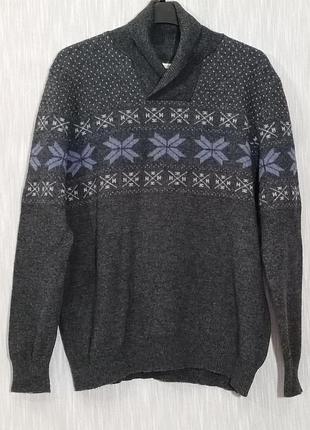 Мужской свитер 100% шерсть с шалевым воротником р.54-56 woolovers узор fair isle серый