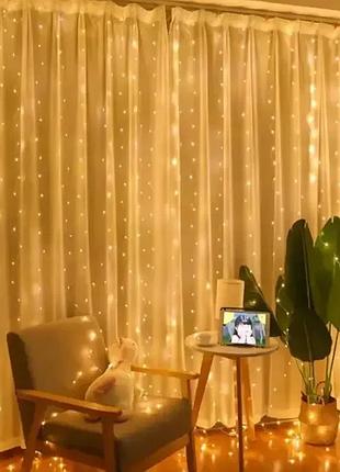 Світлодіодна гірлянда штора роса на дроті 3х2 м 200 led пульт + usb теплий білий