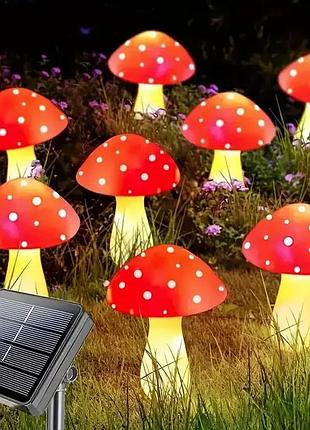 Декоративная гирлянда «мухоморы» с солнечной батареей, 8 режимов свечения 6 шт