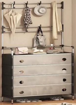 New железная вешалка для одежды + подставка для обуви, 2 в одном, 4 полки черно-белая