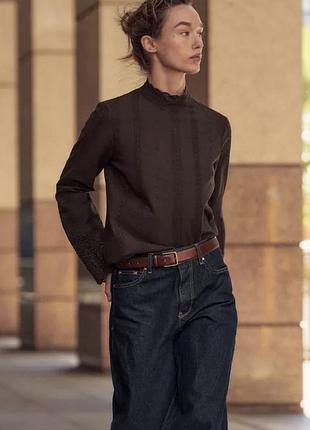 Zara коричневая блуза рубашка с ажурной вышивкой и кружевом, цвет шоколад