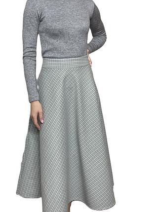 Теплая юбка в клетку миди в оливково-серую клетку