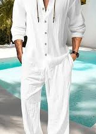 Белый льняной комплект с капюшоном, дышащий