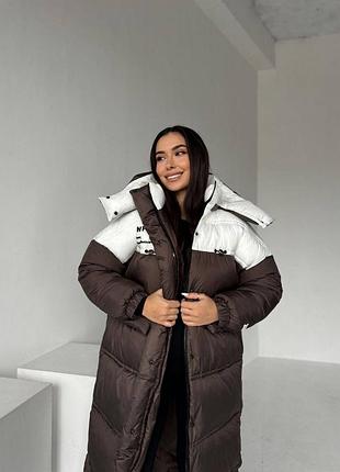 Пухове пальто object 💎 зима ❄️ біопух, до -20°, шоколад/чорний — мод. 779, розміри 42-48 / 48-50