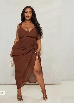 Сукня міді шоколадна драпіровка з кісточкою, з розрізом