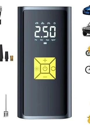 Портативний автомобільний компресор suitu з павербанком на 6000 mah та ліхтариком / акумуляторний авто компресор