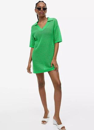 В'язана сукня-поло міні h&m з ажурною в'язкою яскраво-зеленого кольору