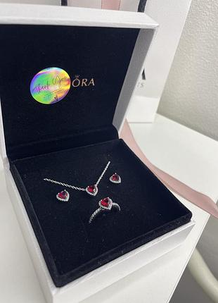 Срібний набір комплект у стилі пандора pandora срібло 925 проби набір серце червоне рожеве блакитне подарунок для дівчини