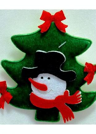 Брошка ялинка зі сніговиком плюш фетр 17-985