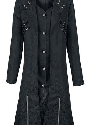 Длинное  готическое пальто с воротником-стойкой, ремешком на подоле и узором из черной парчи.