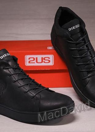 Зимние кожаные ботинки кроссовки на меху diesel pirate black1 фото