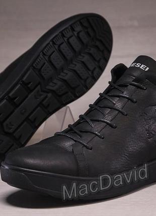 Зимние кожаные ботинки кроссовки на меху diesel pirate black3 фото
