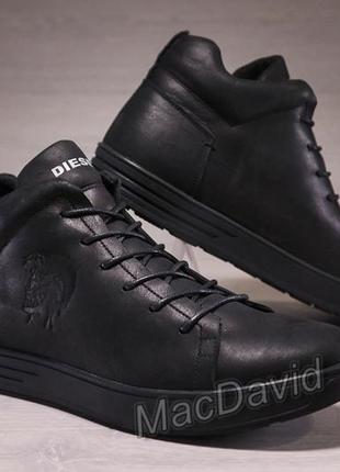 Зимние кожаные ботинки кроссовки на меху diesel pirate black5 фото