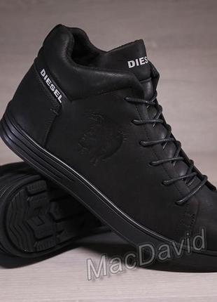 Зимние кожаные ботинки кроссовки на меху diesel pirate black8 фото
