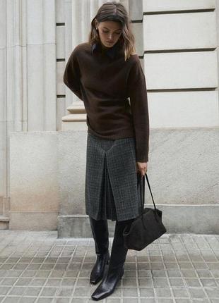 Шерстяная юбка трапеция с складкой спереди полоска винтаж ретро классика за колено миди с подкладкой