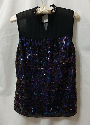 Шикарная блуза черная без рукавов с пайетками, имеет воротник-стойку с кружевом, euro 38,