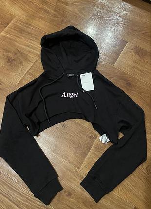 Світшот кроп топ  двонитка з об’ємними рукавами з капюшоном вкорочений під топ  чорний  для танців y2k bershka s