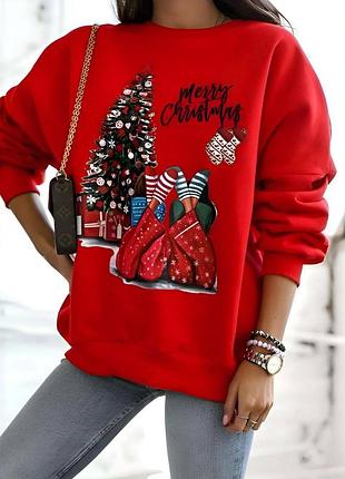 Женский теплый новогодний свитшот на флисе с рисунком красный праздничный на осень зиму