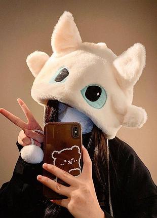 Шапка з вушками чепчик капюшон блискавка фурія біла м'яка плюшева зимова шапка-аніме, тепла жіноча молодіжна іграшка-худі із зав'я