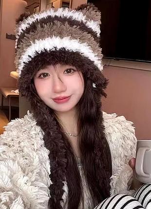 Пухнаста шапка із зав'язками з вушками ведмідь ведмежатко тик струм wuke аніме косплей в'язана